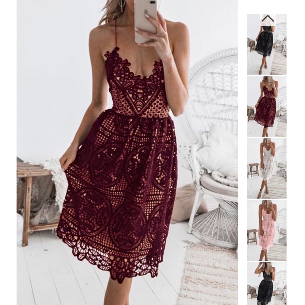 Bella backless burgundy lace dress